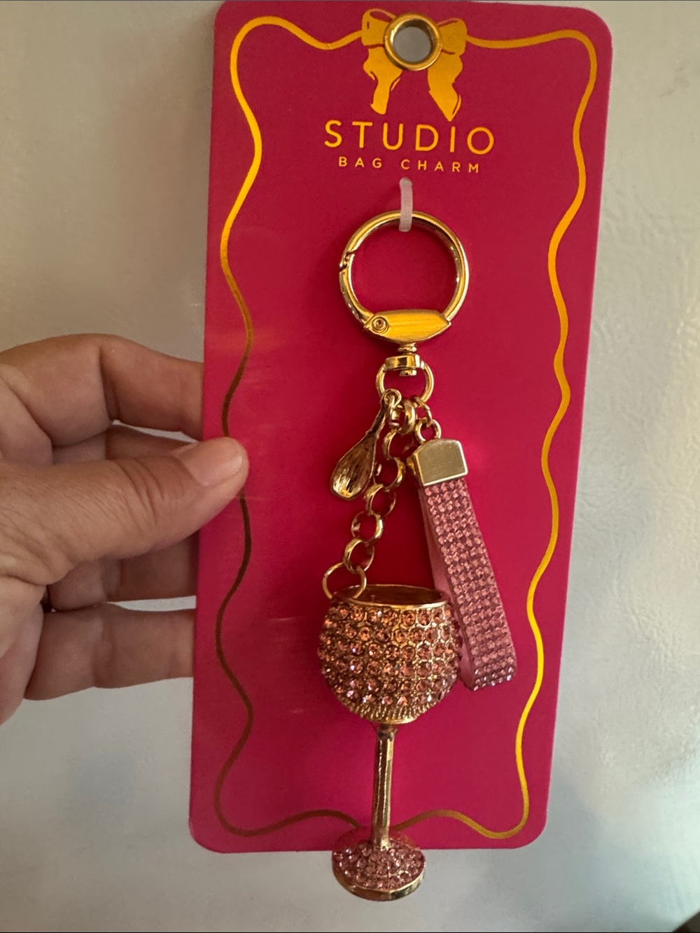 Studio Pink Crystal Wine Glass Bag Charm Keychain with Gold Hardware